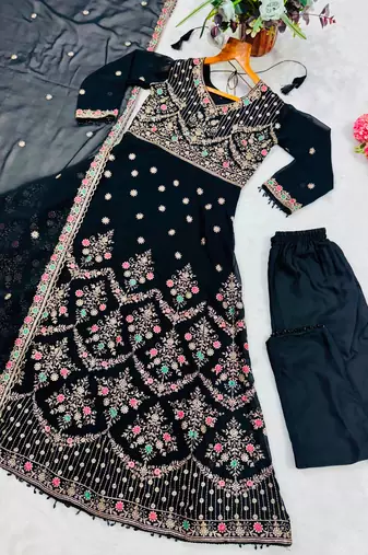 Black faux georgette embroidered anarkali set
