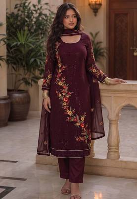 Wine georgette heavy multi thread embroidery, sequins work readymade salwar kameez 3