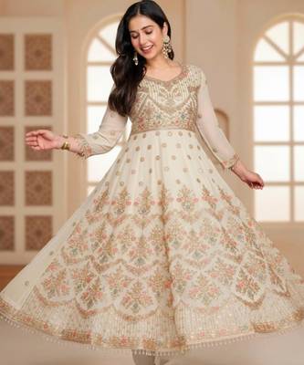 White faux georgette embroidered anarkali set 1