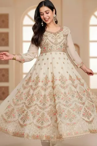 White faux georgette embroidered anarkali set