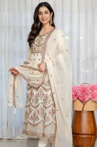 White faux georgette embroidered anarkali set