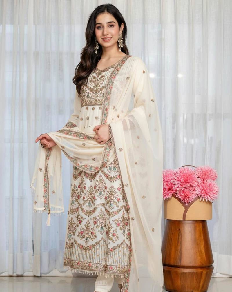 White faux georgette embroidered anarkali set