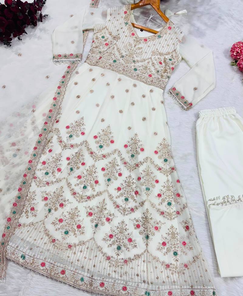 White faux georgette embroidered anarkali set