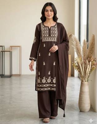 Brown rayon embroidered palazzo set 1