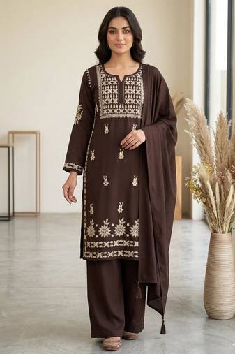 Brown rayon embroidered palazzo set