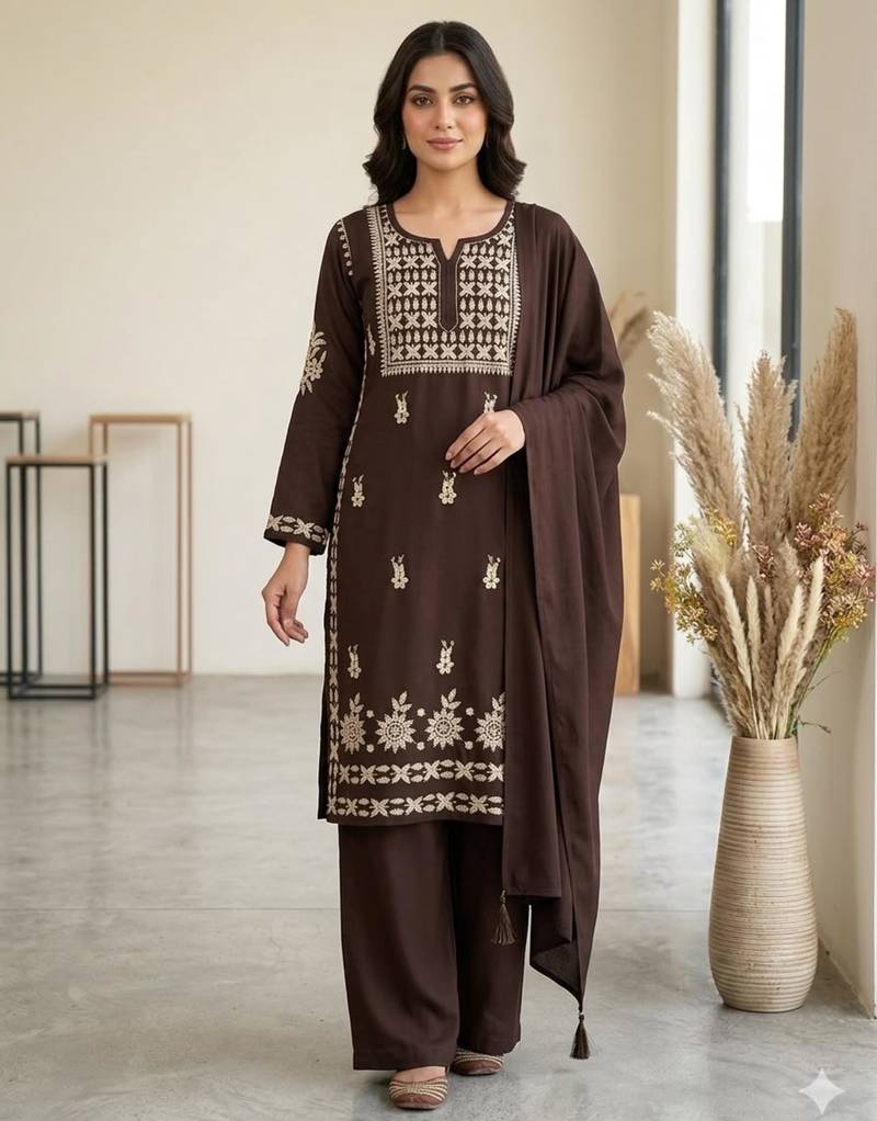 Brown rayon embroidered palazzo set
