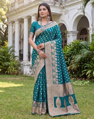 TURQUOISE ART SILK BANARASI JACUARD WORK SAREE WITH UNSTITCHED BLOUSE PIECE 1