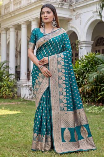 TURQUOISE ART SILK BANARASI JACUARD WORK SAREE WITH UNSTITCHED BLOUSE PIECE