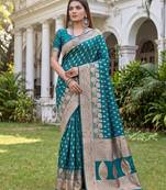 TURQUOISE ART SILK BANARASI JACUARD WORK SAREE WITH UNSTITCHED BLOUSE PIECE