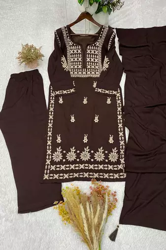 Brown rayon embroidered palazzo set