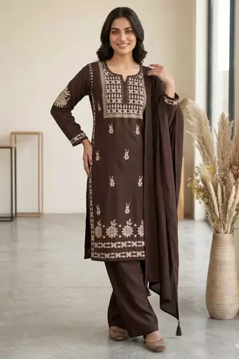 Brown rayon embroidered palazzo set