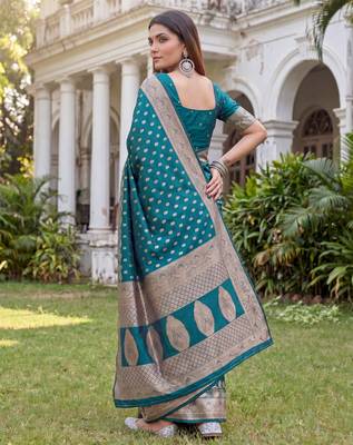 TURQUOISE ART SILK BANARASI JACUARD WORK SAREE WITH UNSTITCHED BLOUSE PIECE 2