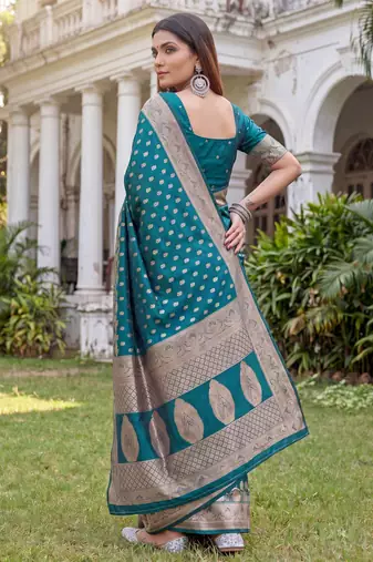 TURQUOISE ART SILK BANARASI JACUARD WORK SAREE WITH UNSTITCHED BLOUSE PIECE