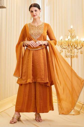 Dark-orange silk blend embroidered palazzo set