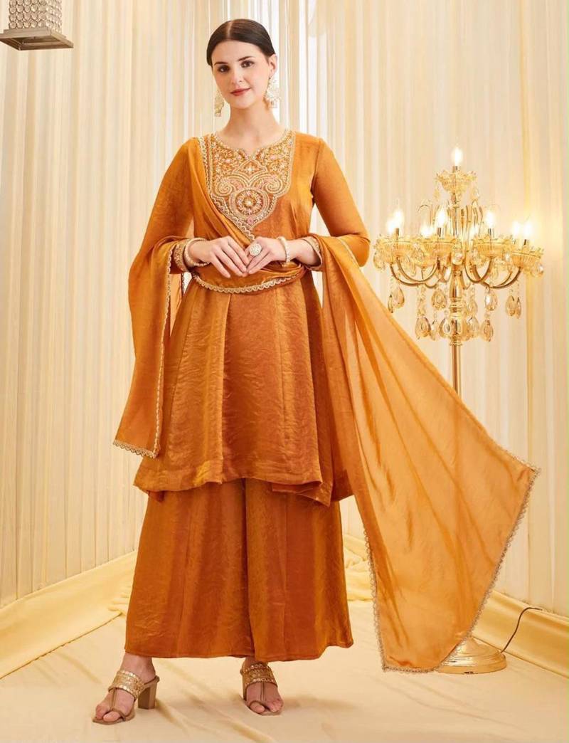 Dark-orange silk blend embroidered palazzo set