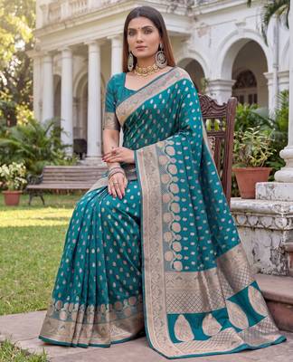 TURQUOISE ART SILK BANARASI JACUARD WORK SAREE WITH UNSTITCHED BLOUSE PIECE 3