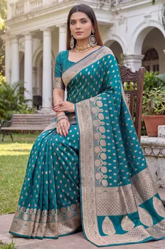 TURQUOISE ART SILK BANARASI JACUARD WORK SAREE WITH UNSTITCHED BLOUSE PIECE