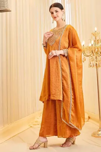 Dark-orange silk blend embroidered palazzo set