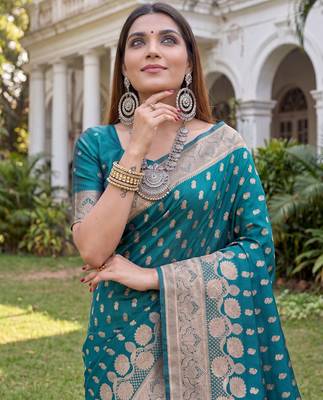 TURQUOISE ART SILK BANARASI JACUARD WORK SAREE WITH UNSTITCHED BLOUSE PIECE 4