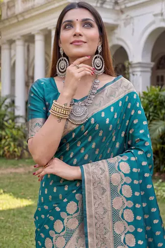 TURQUOISE ART SILK BANARASI JACUARD WORK SAREE WITH UNSTITCHED BLOUSE PIECE