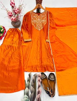 Dark-orange silk blend embroidered palazzo set 4