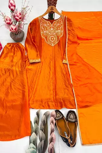 Dark-orange silk blend embroidered palazzo set