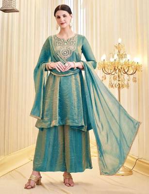 Teal-green silk blend embroidered palazzo set 1