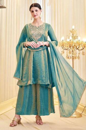 Teal-green silk blend embroidered palazzo set