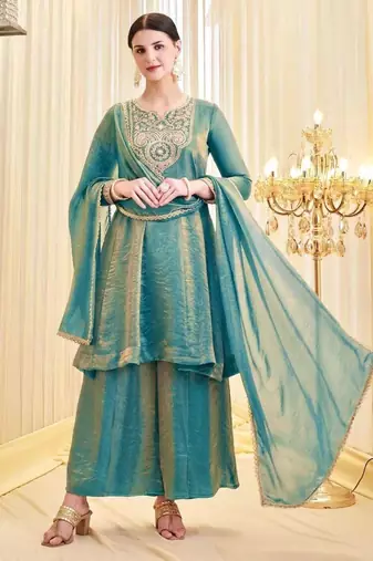 Teal-green silk blend embroidered palazzo set