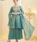 Teal-green silk blend embroidered palazzo set