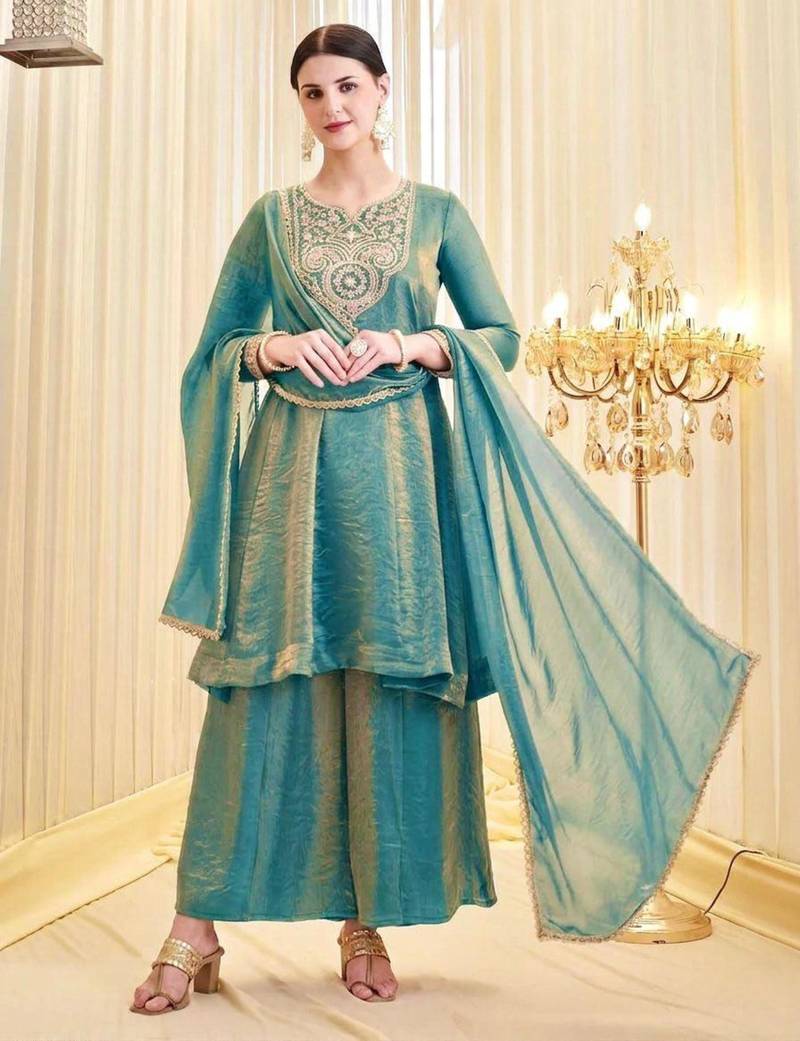 Teal-green silk blend embroidered palazzo set