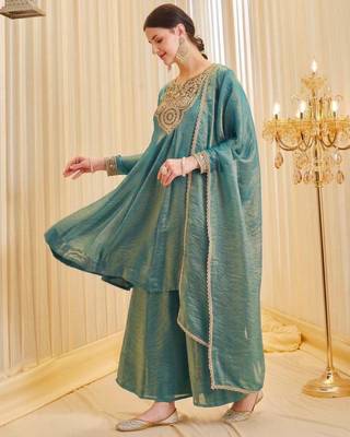 Teal-green silk blend embroidered palazzo set 2
