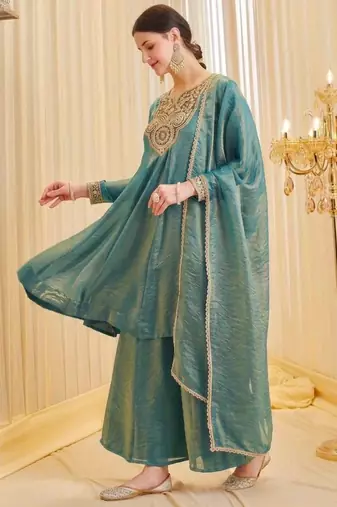 Teal-green silk blend embroidered palazzo set