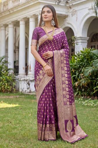 WINE ART SILK BANARASI JACUARD WORK SAREE WITH UNSTITCHED BLOUSE PIECE