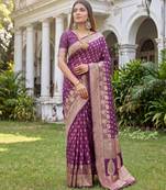WINE ART SILK BANARASI JACUARD WORK SAREE WITH UNSTITCHED BLOUSE PIECE