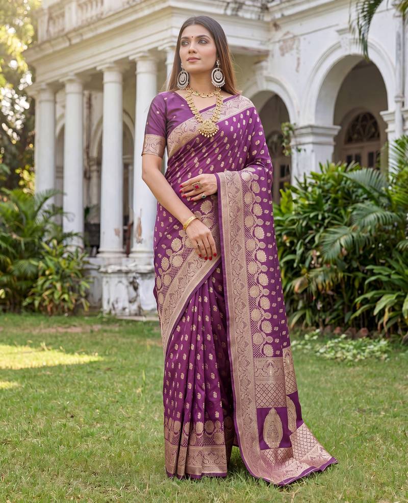 WINE ART SILK BANARASI JACUARD WORK SAREE WITH UNSTITCHED BLOUSE PIECE