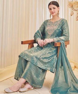 Teal-green silk blend embroidered palazzo set 3