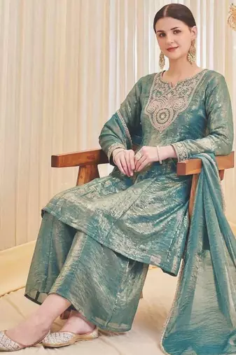 Teal-green silk blend embroidered palazzo set