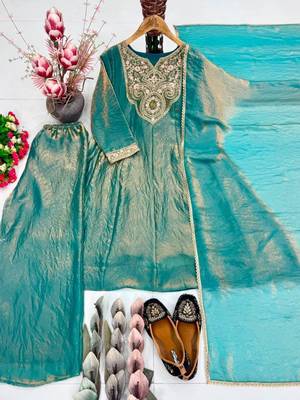 Teal-green silk blend embroidered palazzo set 4