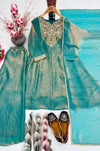 Teal-green silk blend embroidered palazzo set