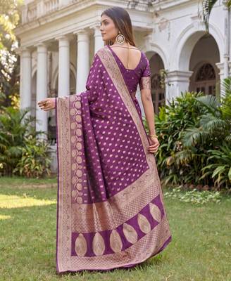 WINE ART SILK BANARASI JACUARD WORK SAREE WITH UNSTITCHED BLOUSE PIECE 2