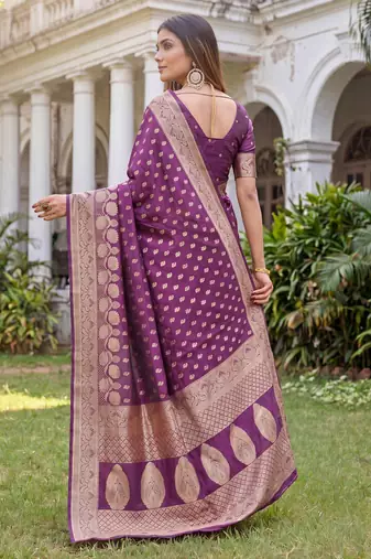 WINE ART SILK BANARASI JACUARD WORK SAREE WITH UNSTITCHED BLOUSE PIECE