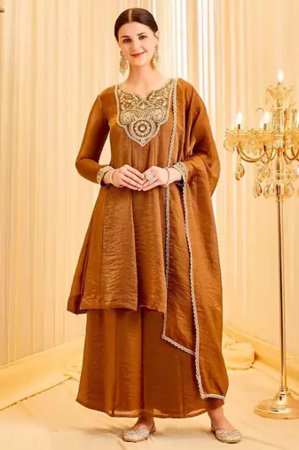Brown silk blend embroidered palazzo set