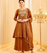 Brown silk blend embroidered palazzo set