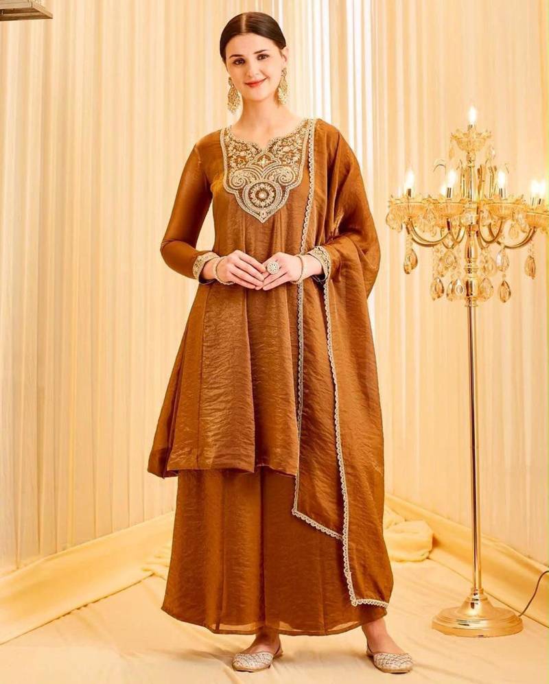 Brown silk blend embroidered palazzo set