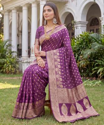 WINE ART SILK BANARASI JACUARD WORK SAREE WITH UNSTITCHED BLOUSE PIECE 3