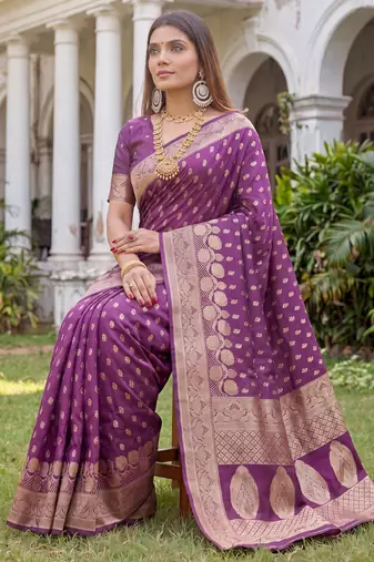 WINE ART SILK BANARASI JACUARD WORK SAREE WITH UNSTITCHED BLOUSE PIECE