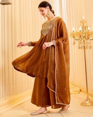 Brown silk blend embroidered palazzo set 2