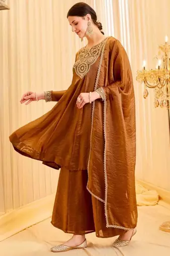Brown silk blend embroidered palazzo set