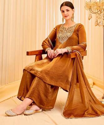 Brown silk blend embroidered palazzo set 3